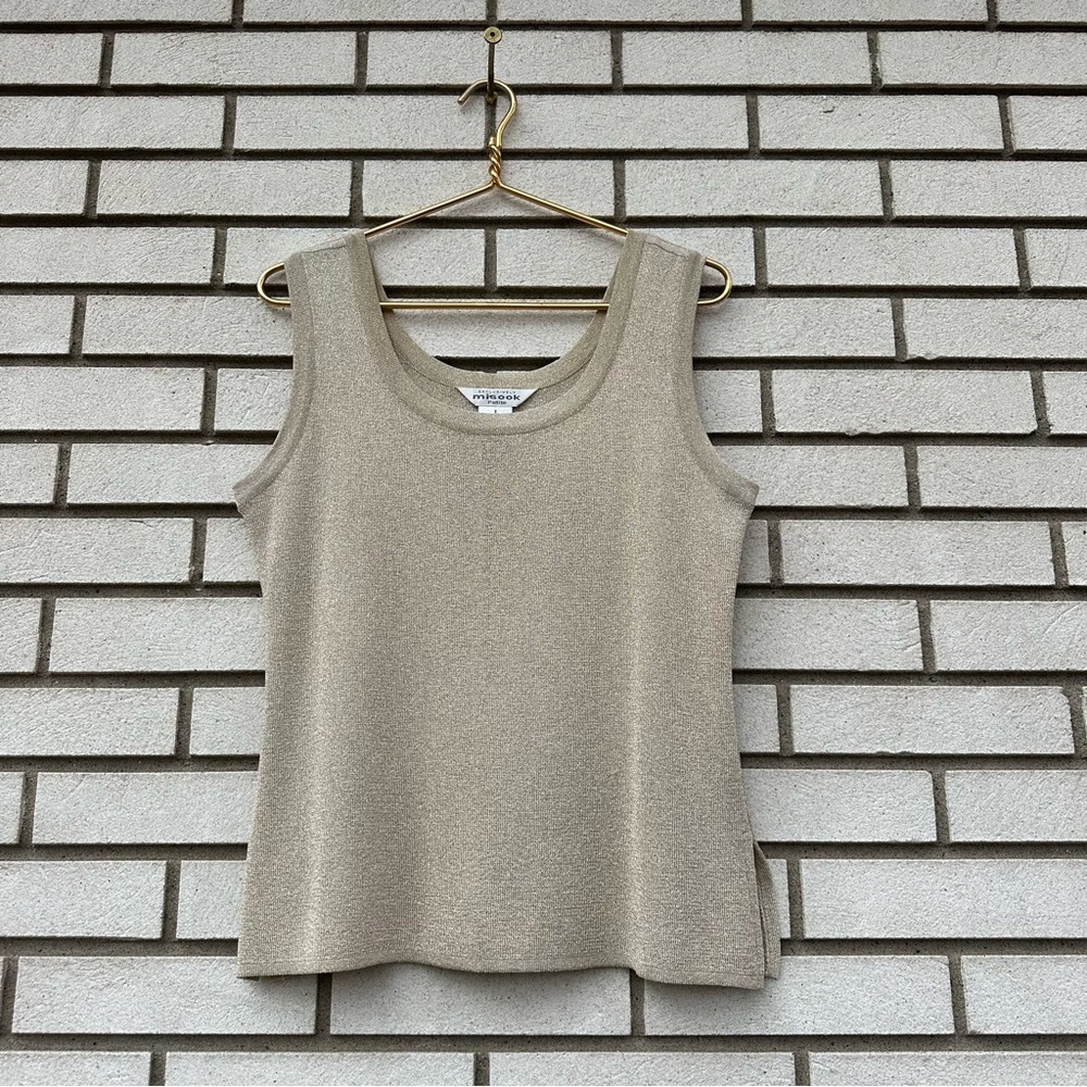 Misook Metallic Knit Tank Top Gold Neutral Sleeveless Side Slit Shell Petite L